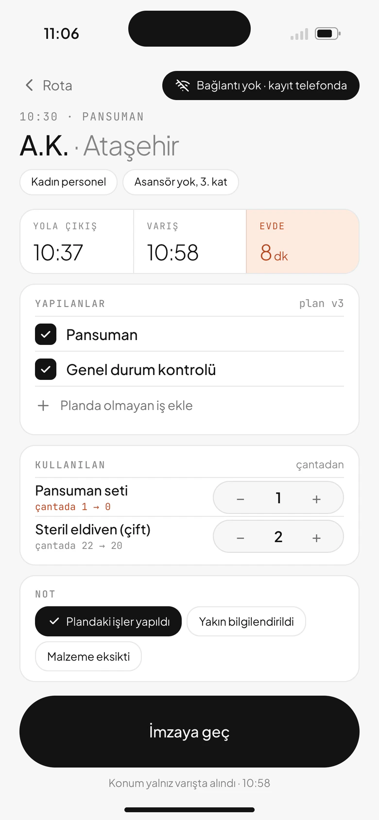 Illustrative phone screen: the steps of a visit, tasks from the plan and the supplies that will come off the bag.