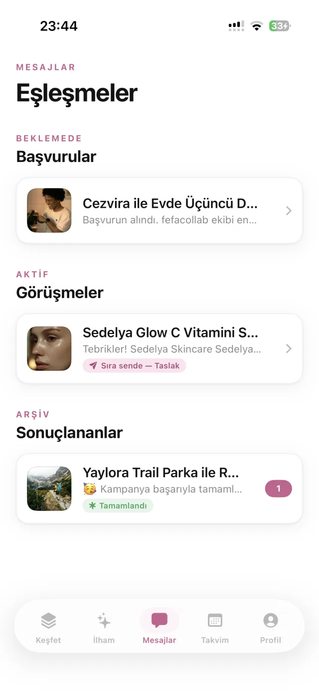 Uygulamada başvurular listesi: her kampanyanın yanında hangi aşamada olduğunu gösteren etiket.