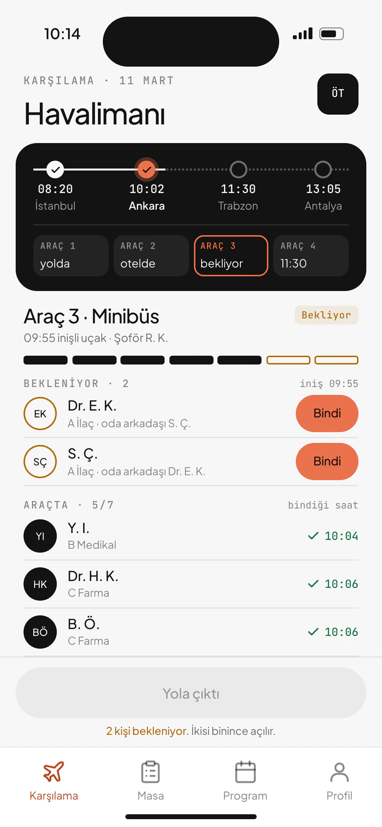 Temsili telefon ekranı: havalimanı karşılamasında araçtaki ve beklenen misafirler.