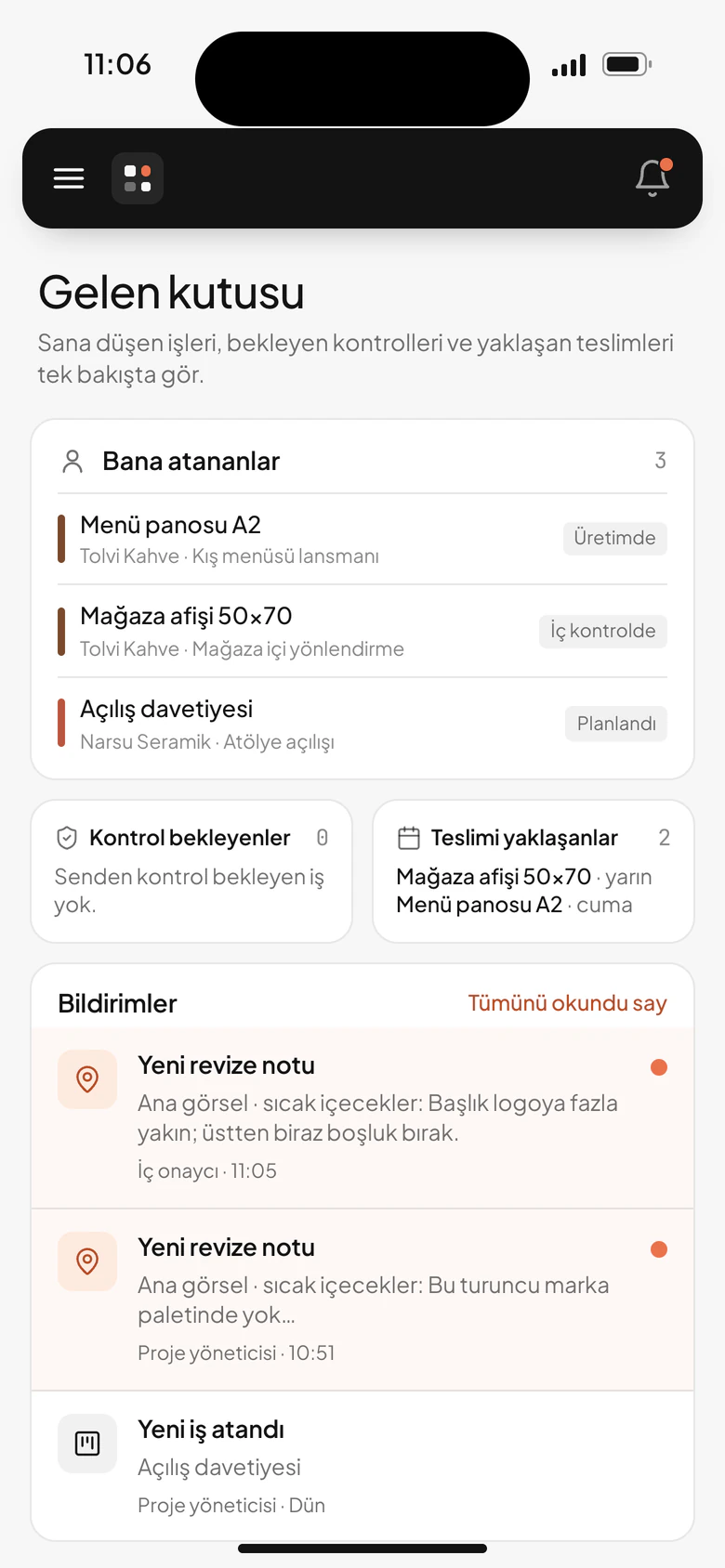 Illustrative phone screen: the designer’s inbox with assigned jobs, upcoming deadlines and new revision notes.