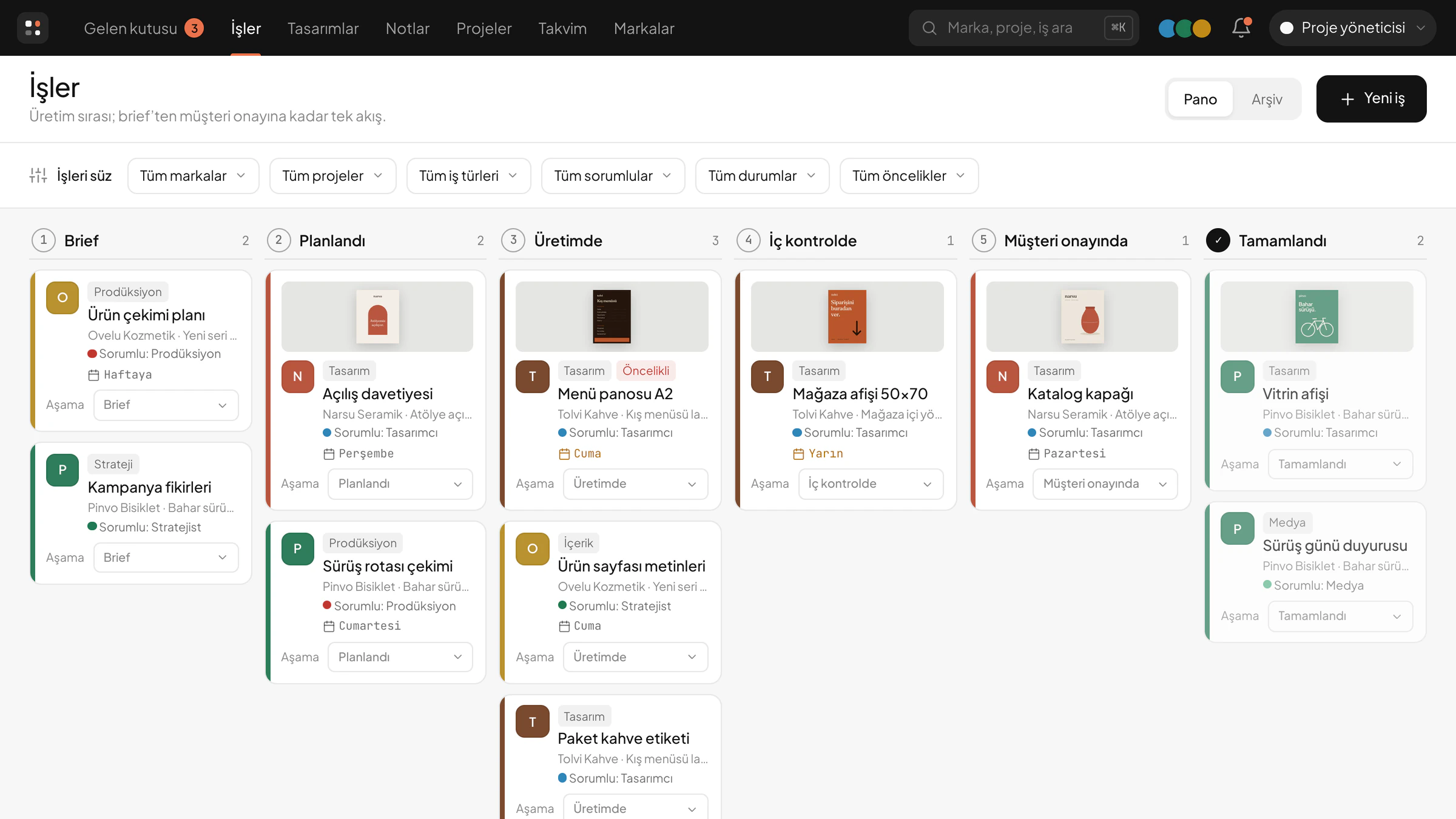 Illustrative job board: poster, menu board, label, product shoot and copy jobs for different brands, in stage columns from Brief to Done.