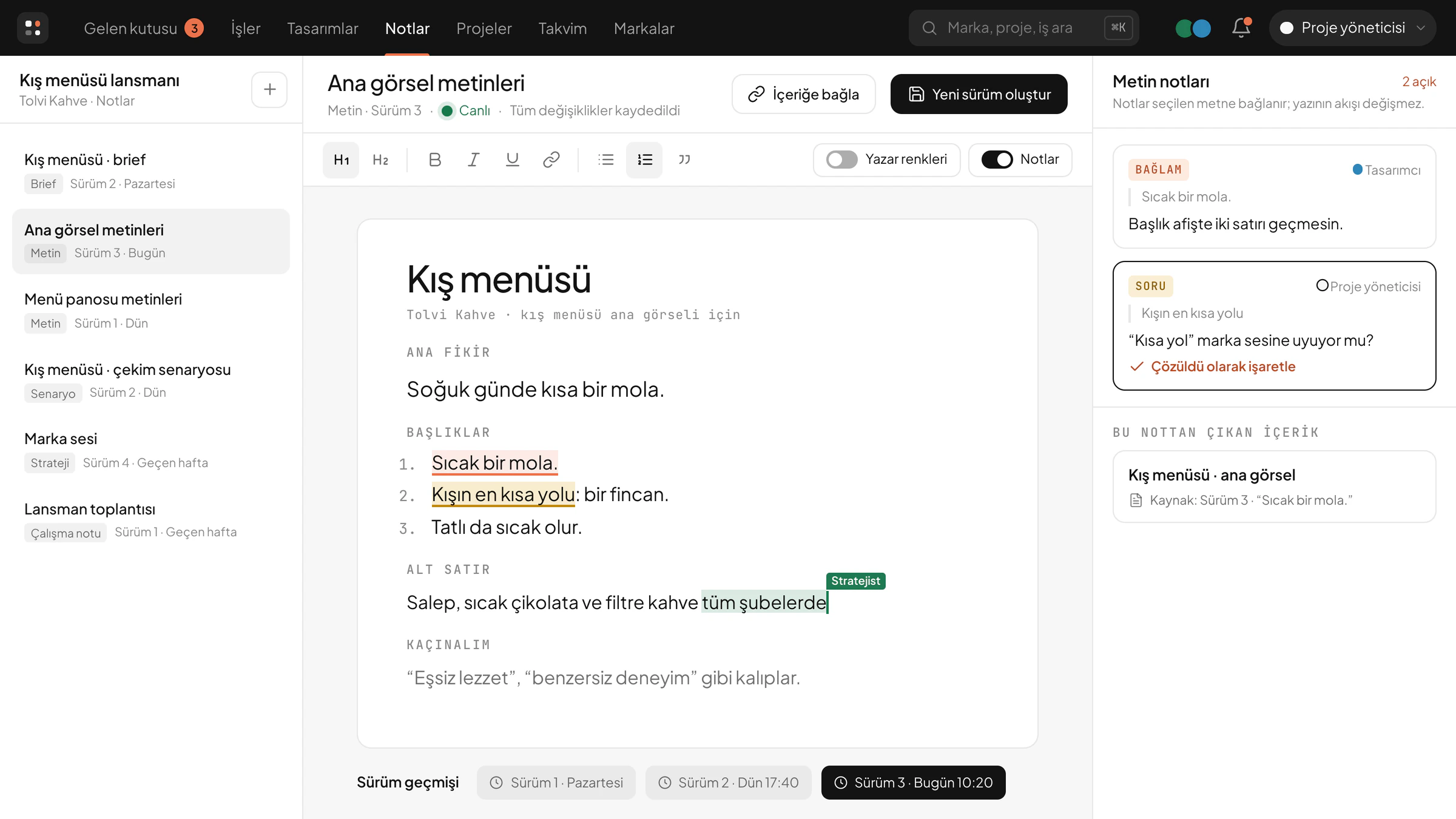 Illustrative notes screen: text written together, a question and context notes tied to the text, and the version history.