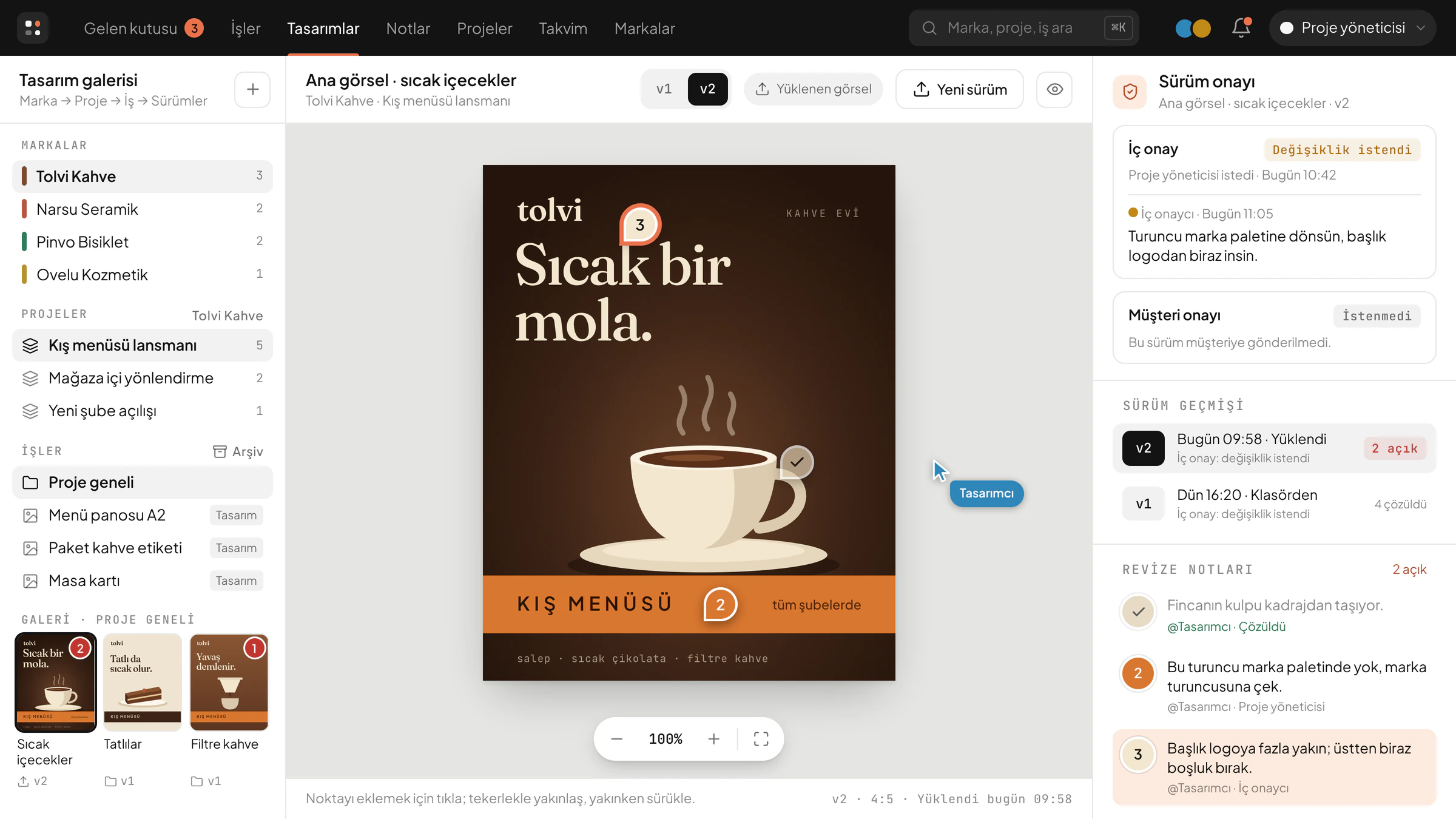 Illustrative design review screen: a brand, project and job gallery on the left, an image with revision points marked in the middle, and version approval and revision notes on the right.